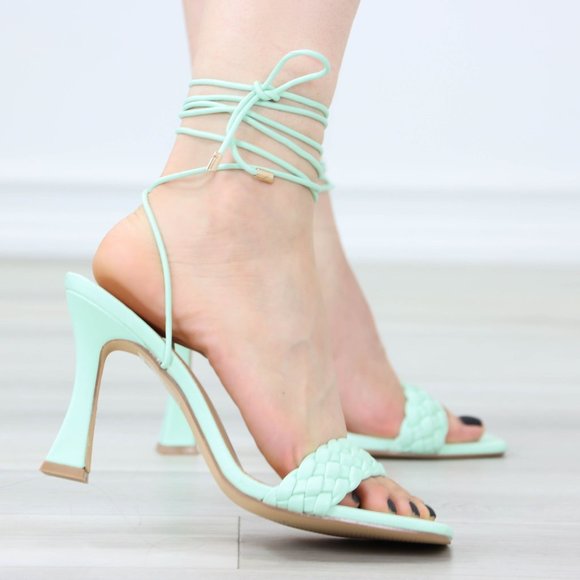 Mint Open Toe High Heel Sandals Ankle Strap Lace Ties Braded Toe Strap Heel - Picture 6 of 12